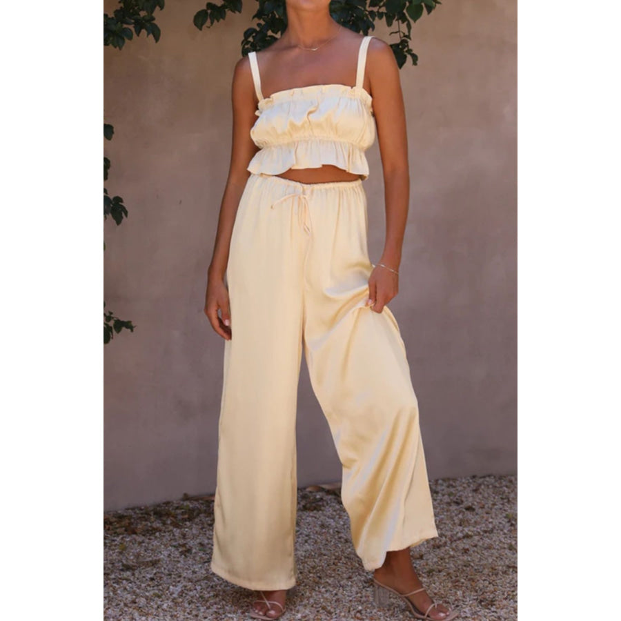 Ruffled Sleeveless Top and Wide Leg Pants Set Pastel Yellow / S Apparel and Accessories