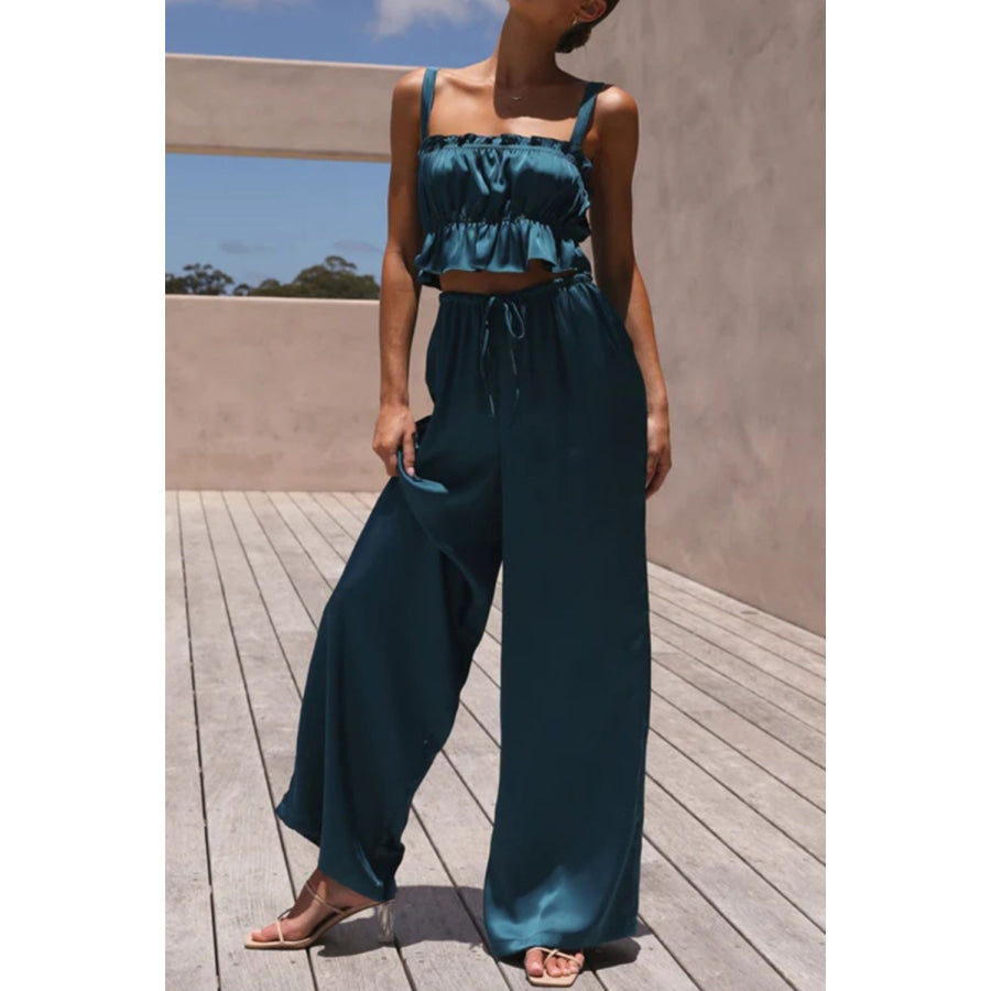 Ruffled Sleeveless Top and Wide Leg Pants Set Peacock Blue / S Apparel and Accessories