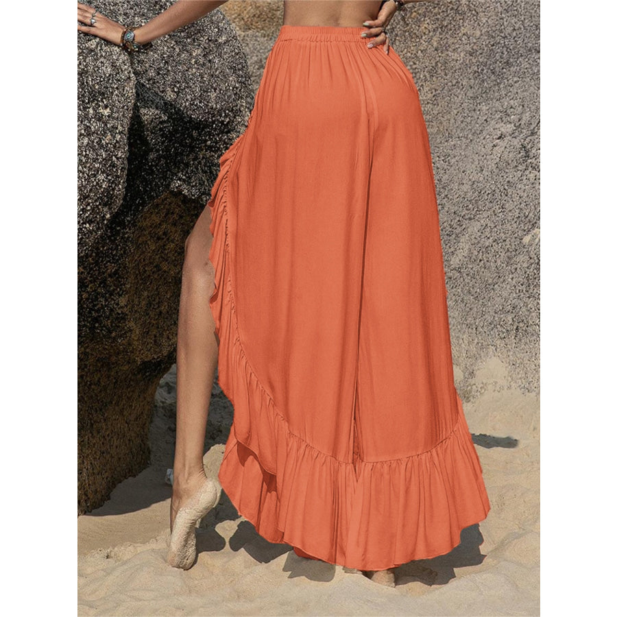 Ruffled Slit Wide Leg Pants Ochre / S Apparel and Accessories