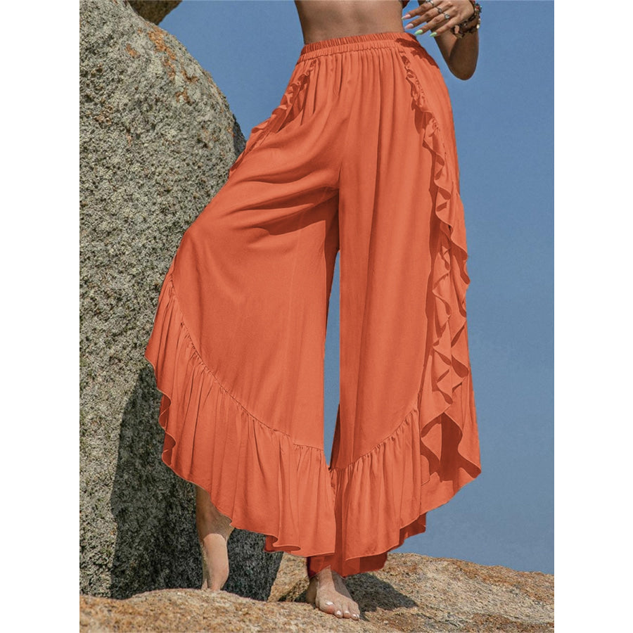 Ruffled Slit Wide Leg Pants Apparel and Accessories