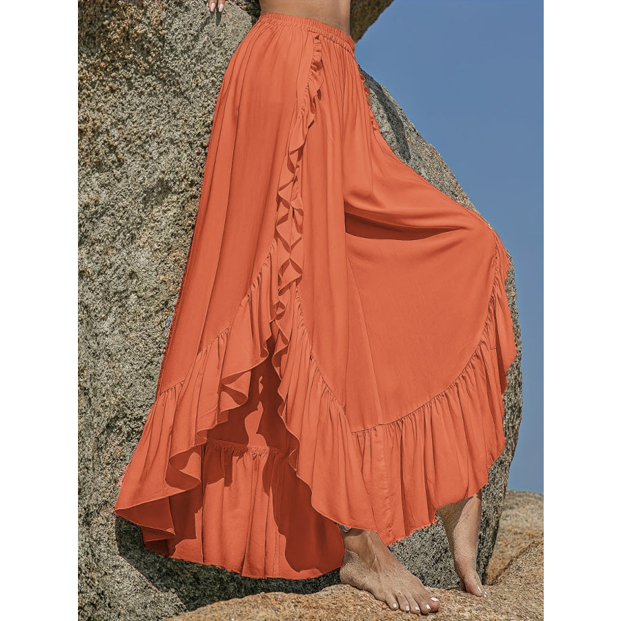 Ruffled Slit Wide Leg Pants Apparel and Accessories