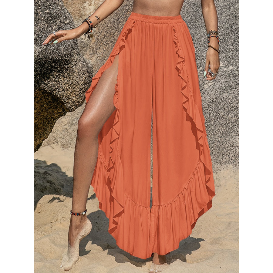 Ruffled Slit Wide Leg Pants Ochre / S Apparel and Accessories