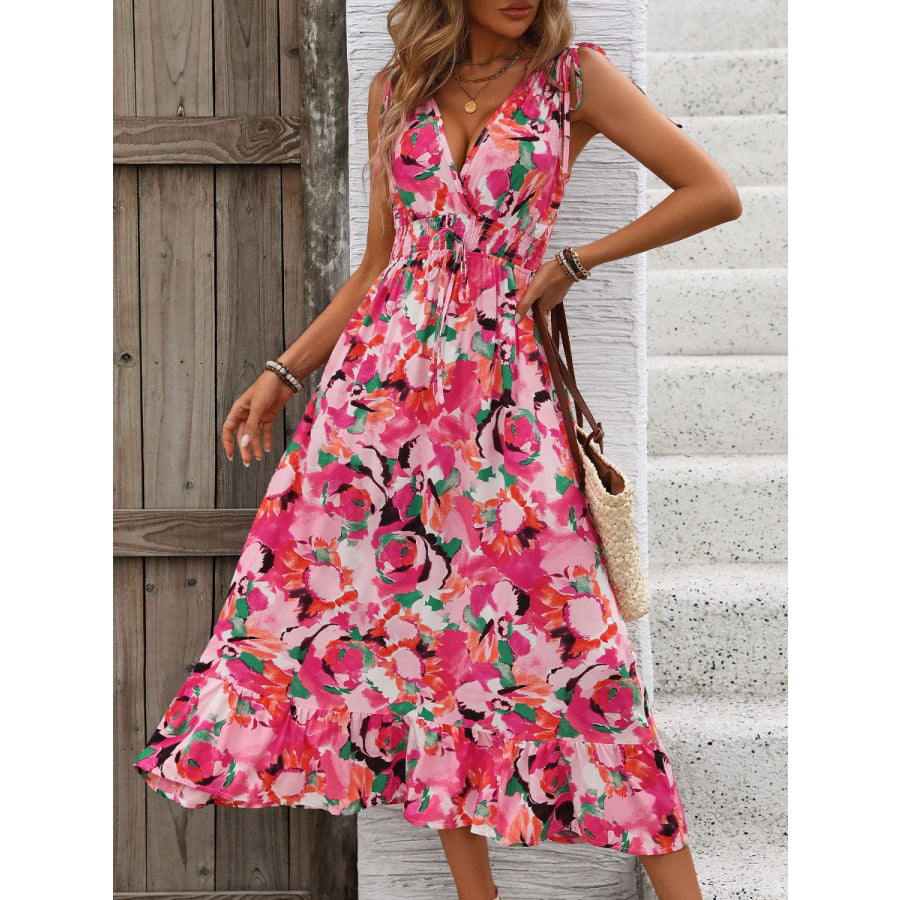 Ruffled Smocked Printed Sleeveless Dress Pink / S Apparel and Accessories