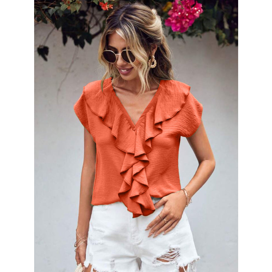 Ruffled V-Neck Short Sleeve Blouse Apparel and Accessories
