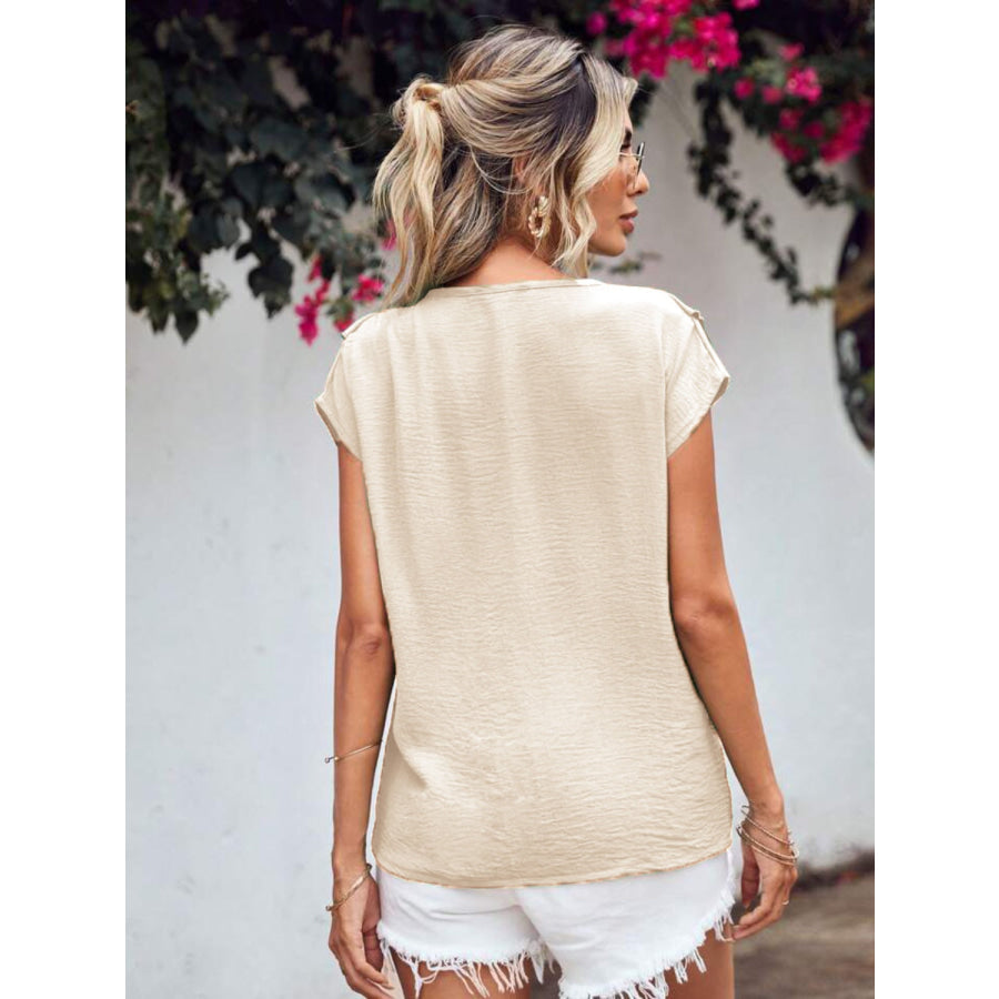 Ruffled V-Neck Short Sleeve Blouse Beige / S Apparel and Accessories