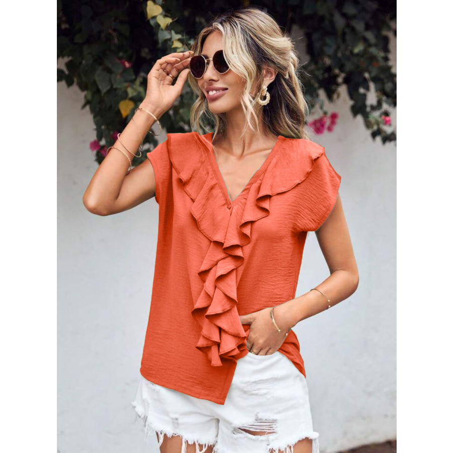 Ruffled V-Neck Short Sleeve Blouse Red Orange / S Apparel and Accessories