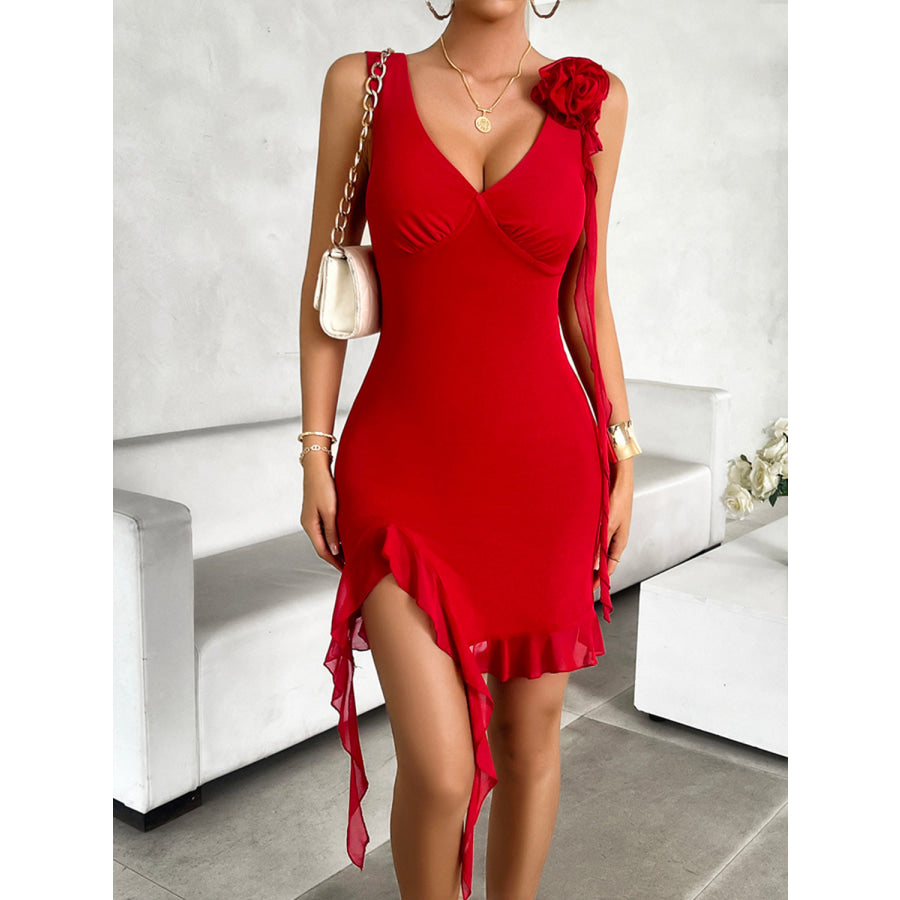 Ruffled V-Neck Sleeveless Mini Dress Deep Red / S Apparel and Accessories