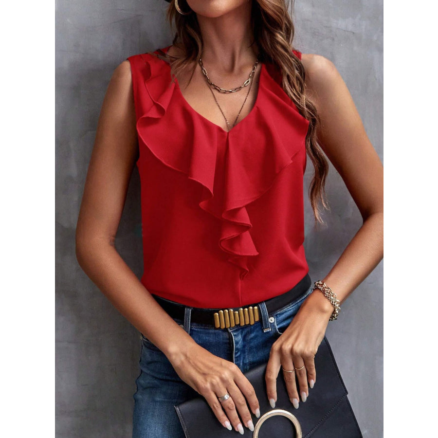 Ruffled V-Neck Tank Scarlet / S Apparel and Accessories