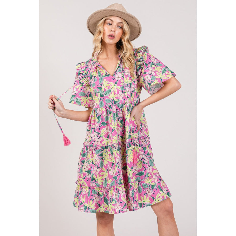 SAGE + FIG Floral Ruffle Short Sleeve Dress Pink / S Apparel and Accessories