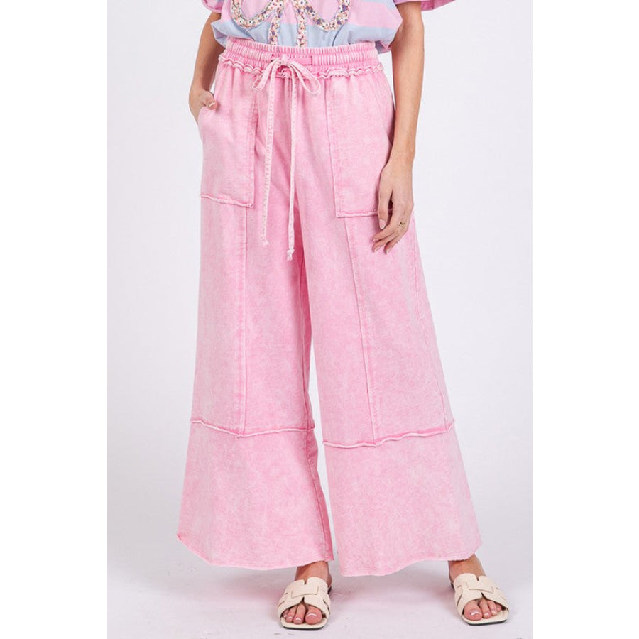 SAGE + FIG Mineral Washed Terry Wide Leg Pants Pink / S Apparel and Accessories