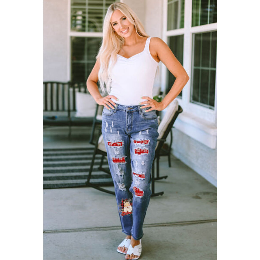 Santa Graphic Distressed Straight Jeans Clothing
