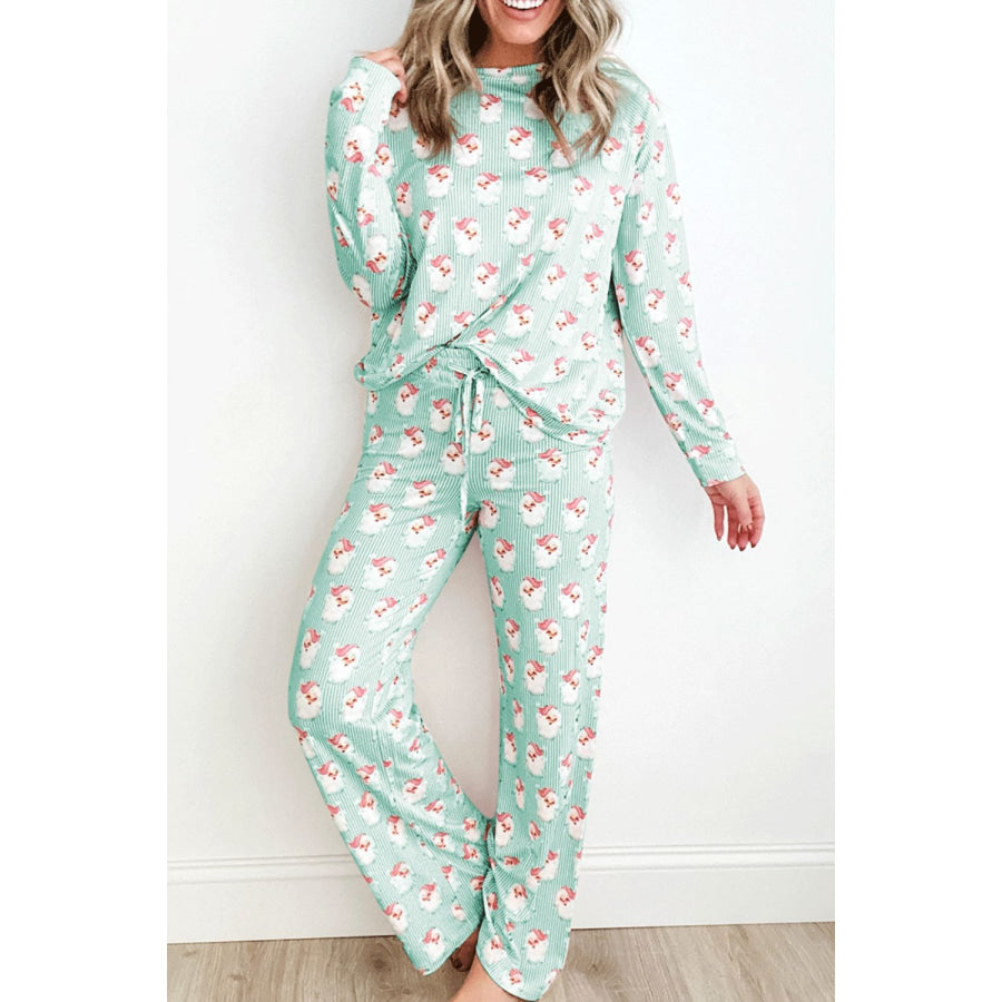 Santa Print Long Sleeve Top and Pants Lounge Set Light Green / M Apparel and Accessories