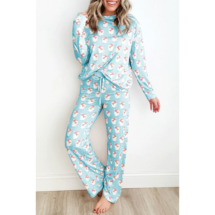 Santa Print Long Sleeve Top and Pants Lounge Set Pastel Blue / S Apparel and Accessories