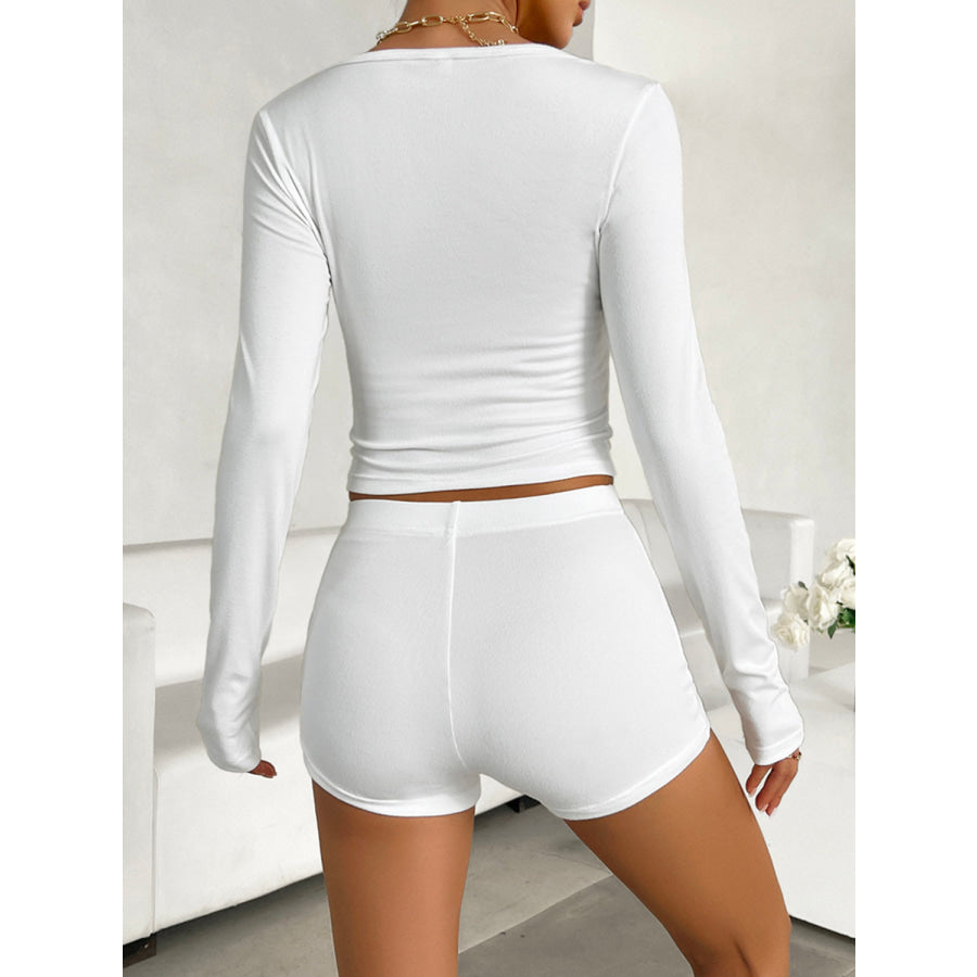 Scoop Neck Long Sleeve Top and Shorts Set White / S Apparel and Accessories