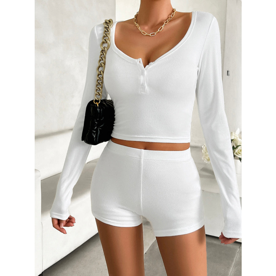 Scoop Neck Long Sleeve Top and Shorts Set White / S Apparel and Accessories