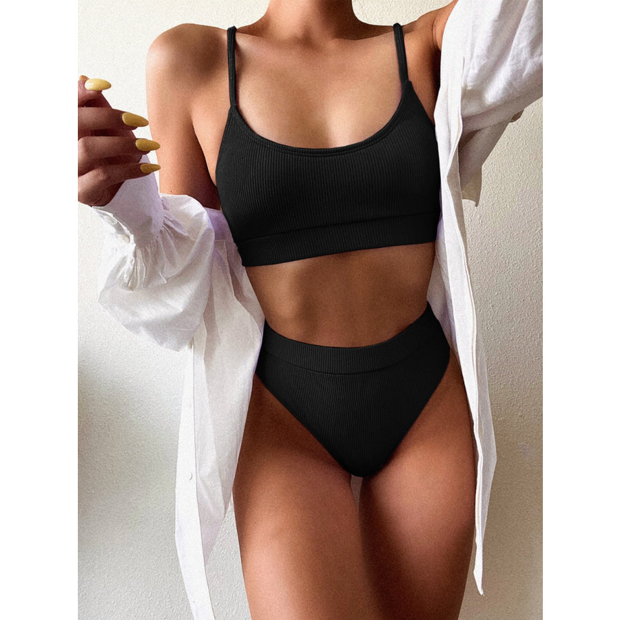Scoop Neck Spaghetti Strap Two-Piece Swim Set Black / S Apparel and Accessories