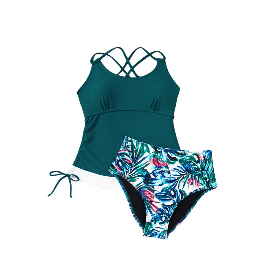 Sea Green Drawstring Tummy Control Mix-and-match 2pcs Tankini Swimsuit Swimwear/Tankinis