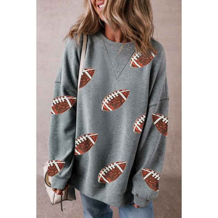 Sequin Football Round Neck Long Sleeve Sweatshirt Dark Gray / S Apparel and Accessories