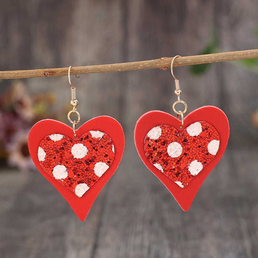 Sequin Heart Leather Drop Earrings Red / One Size Apparel and Accessories