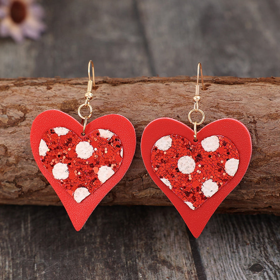 Sequin Heart Leather Drop Earrings Red / One Size Apparel and Accessories