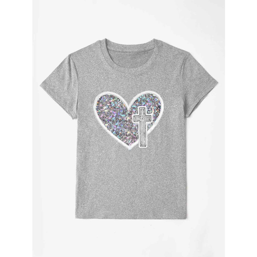 Sequin Heart Round Neck Short Sleeve T - Shirt Heather Gray / S Apparel and Accessories