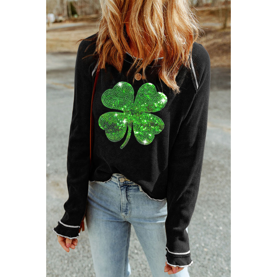 Sequin Lucky Clover Lettuce Trim Long Sleeve Top Apparel and Accessories