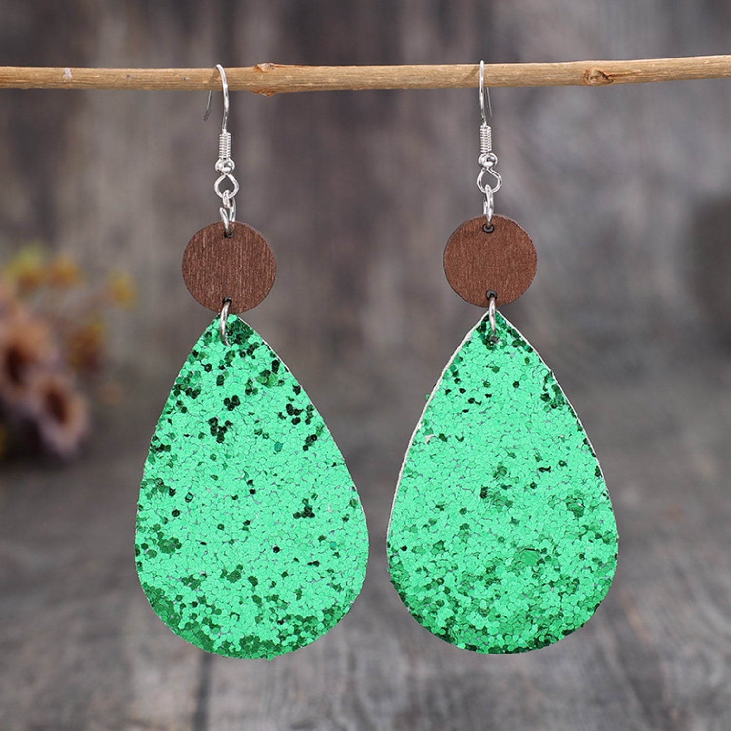Sequin PU Leather Wooden Dangle Earrings Mid Green / One Size Apparel and Accessories