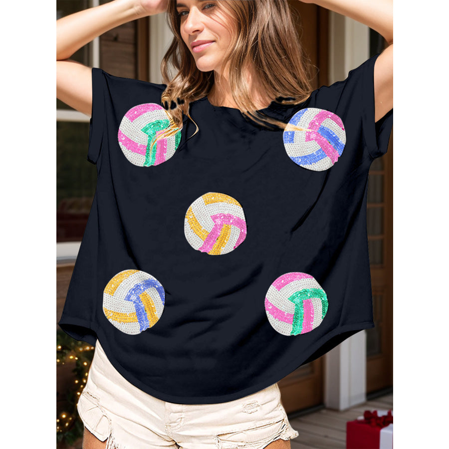 Sequin Round Neck Short Sleeve T-Shirt Black / S Apparel and Accessories