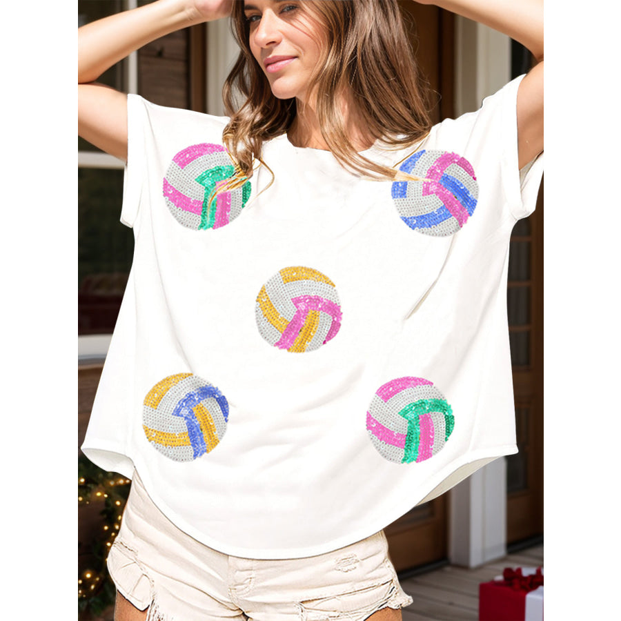 Sequin Round Neck Short Sleeve T-Shirt White / S Apparel and Accessories