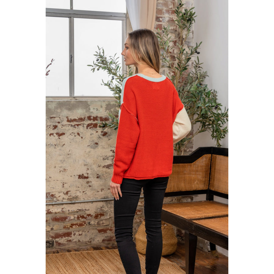 Sew In Love Full Size Color Block Drop Shoulder Sweater Blue/Rust / S Apparel and Accessories