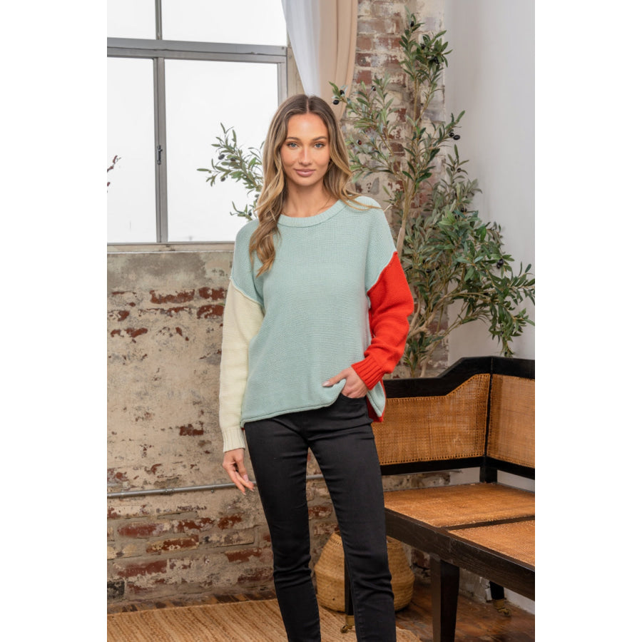 Sew In Love Full Size Color Block Drop Shoulder Sweater Blue/Rust / S Apparel and Accessories