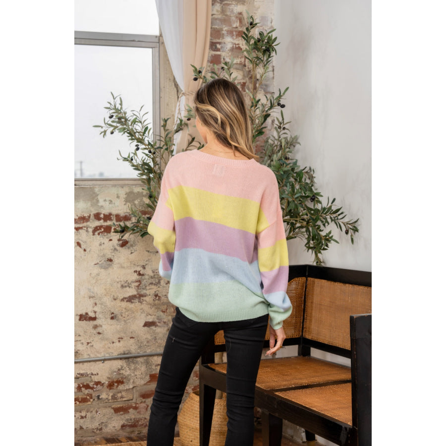 Sew In Love Full Size Color Block Round Neck Dropped Shoulder Sweater Pastel/Mint/Multi / S Apparel and Accessories