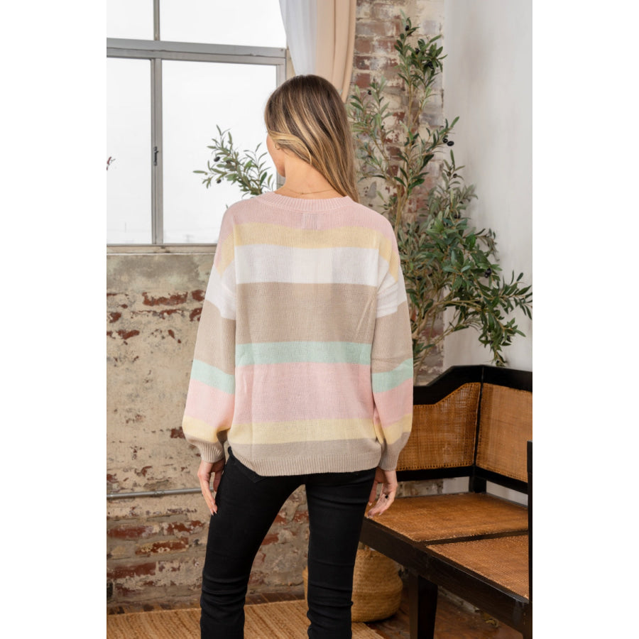 Sew In Love Full Size Color Block Round Neck Sweater Blush/Taupe / S Apparel and Accessories