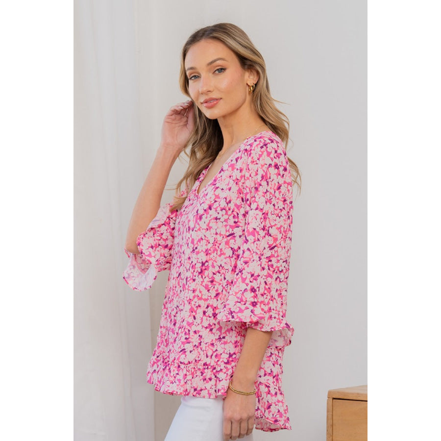 Sew In Love Full Size Floral V - Neck Flounce Sleeve Top Apparel and Accessories