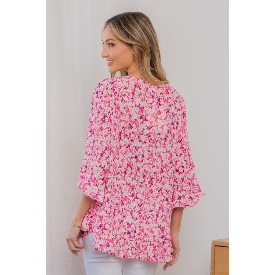 Sew In Love Full Size Floral V - Neck Flounce Sleeve Top Apparel and Accessories