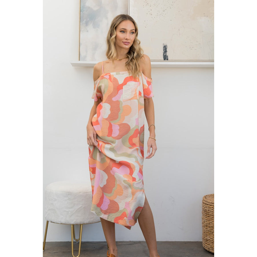 Sew In Love Full Size Printed Side Slit Midi Dress Apparel and Accessories