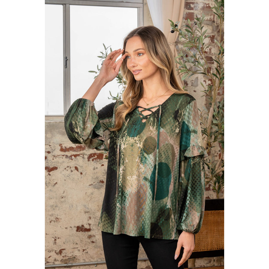 Sew In Love Full Size Snakeskin Print Long Sleeve Top with Ruffle Apparel and Accessories