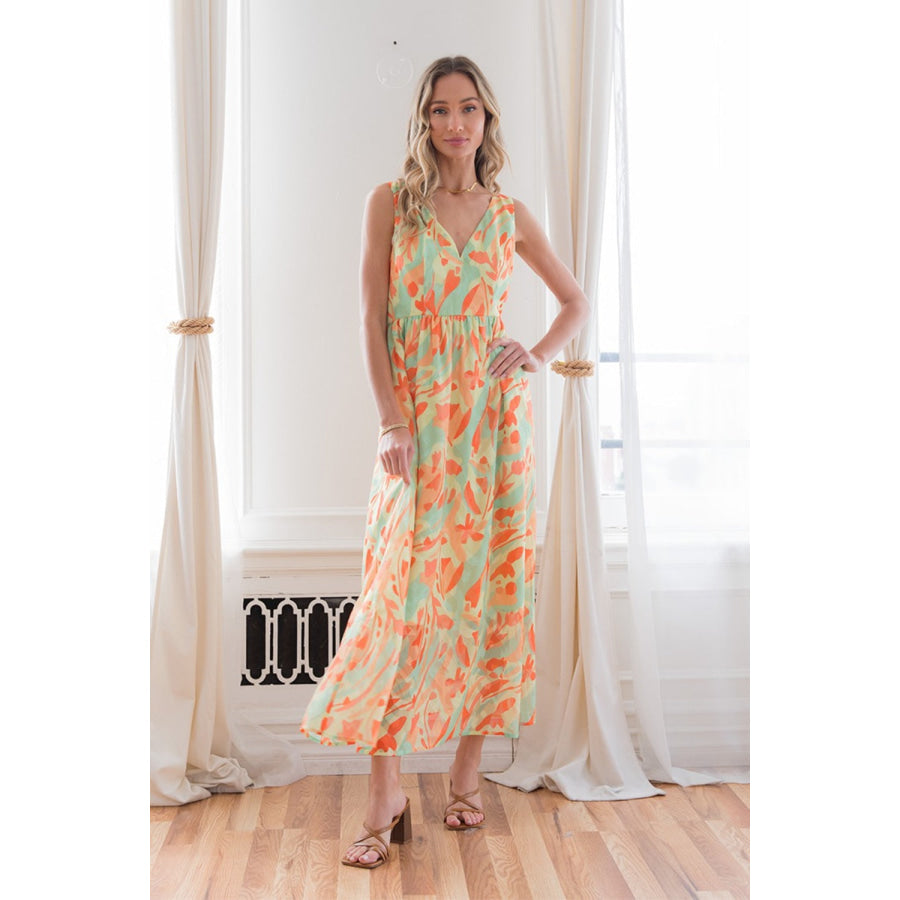 Sew In Love Printed V - Neck Sleeveless Dress Apparel and Accessories