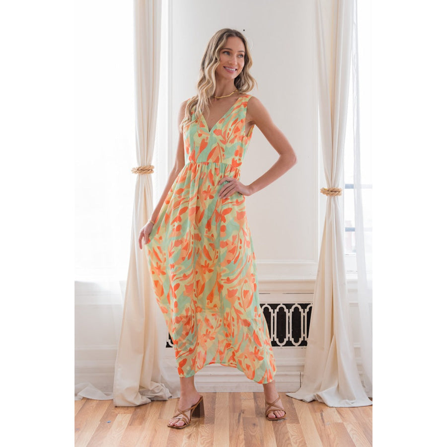 Sew In Love Printed V - Neck Sleeveless Dress Apparel and Accessories