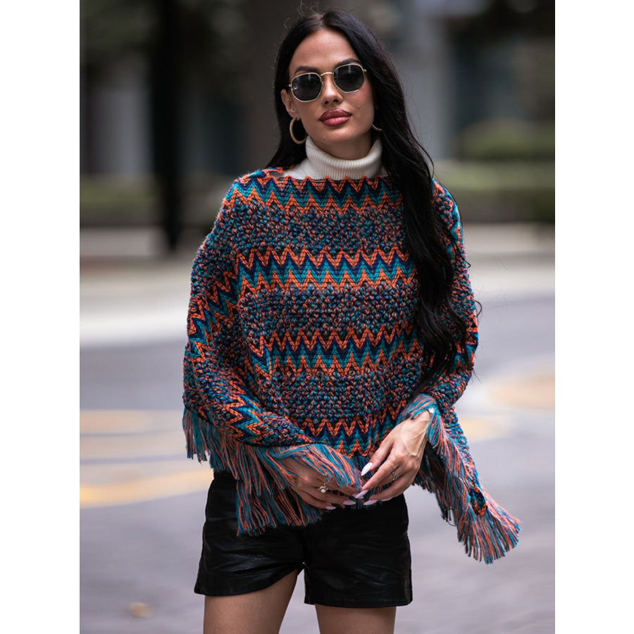 Shiny Fringe Hem Boat Neck Poncho Apparel and Accessories
