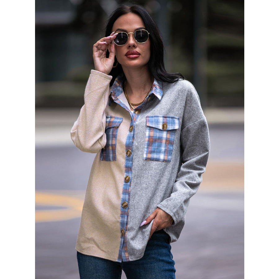 Shiny Plaid Contrast Drop Shoulder Shacket Apparel and Accessories