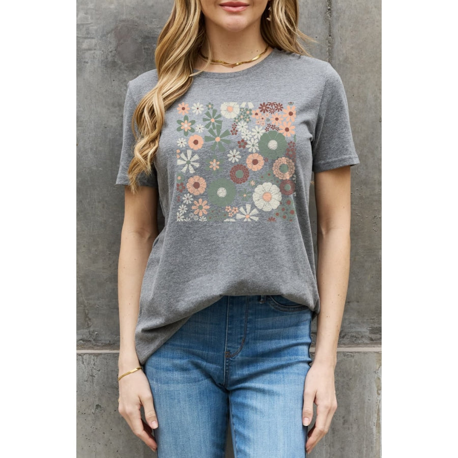 Simply Love Flower Graphic Cotton Tee Mid Gray / S