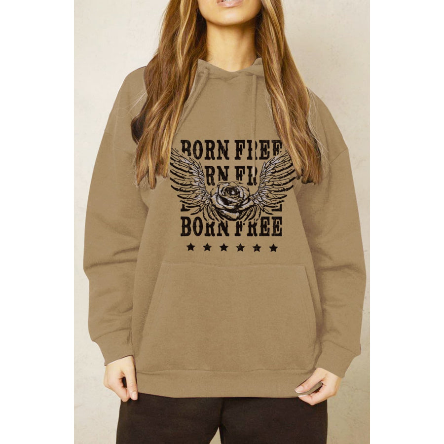 Simply Love Full Size BORN FREE Graphic Hoodie Taupe / S