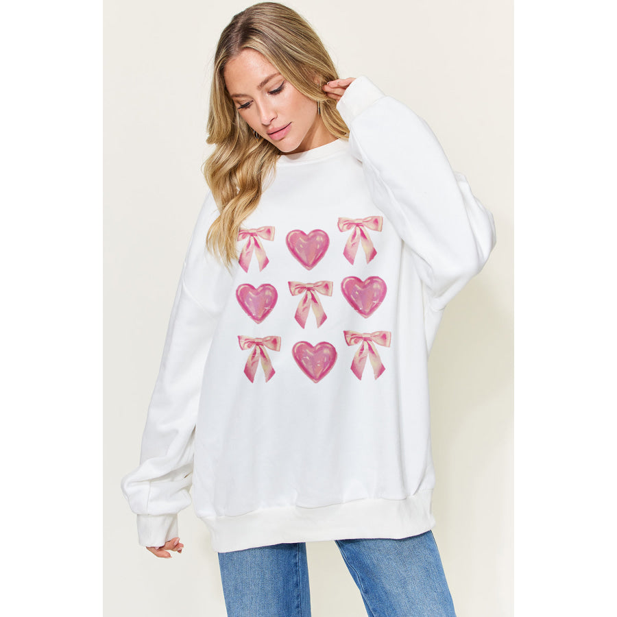 Simply Love Full Size Bow & Heart Graphic Long Sleeve Sweatshirt White / S Apparel and Accessories
