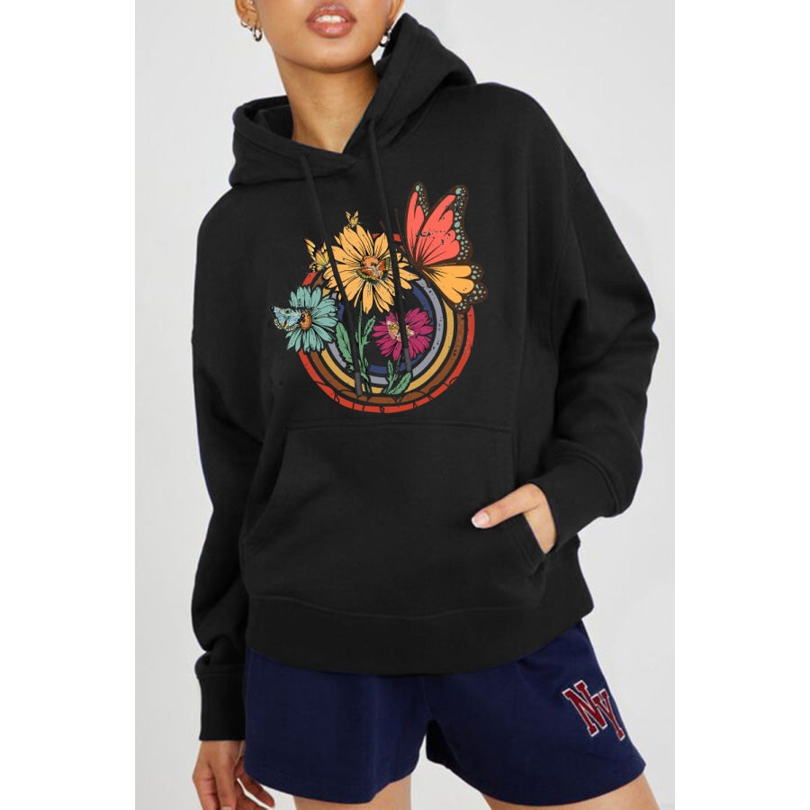 Simply Love Full Size Butterfly and Flower Graphic Hoodie Black / S