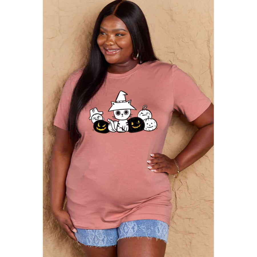 Simply Love Full Size Cat & Pumpkin Graphic Cotton T-Shirt Apparel and Accessories
