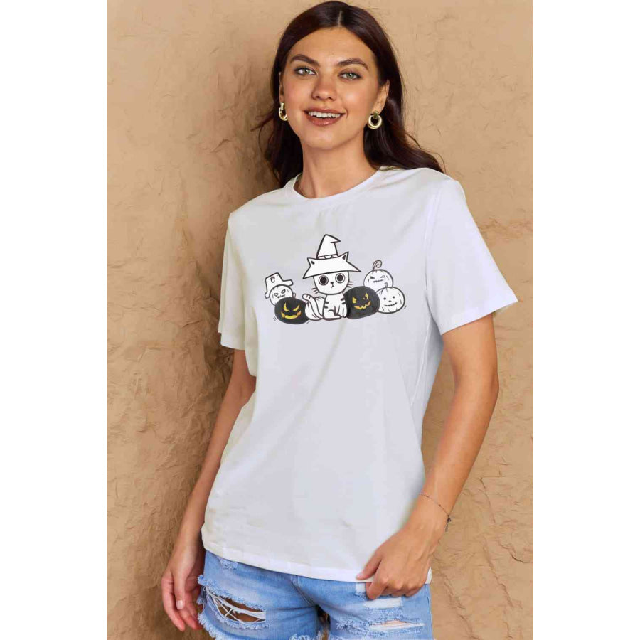 Simply Love Full Size Cat & Pumpkin Graphic Cotton T-Shirt Apparel and Accessories