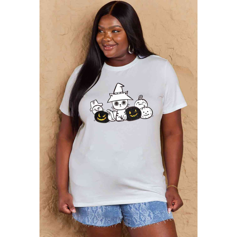 Simply Love Full Size Cat & Pumpkin Graphic Cotton T-Shirt Apparel and Accessories