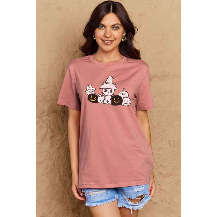 Simply Love Full Size Cat & Pumpkin Graphic Cotton T-Shirt Apparel and Accessories
