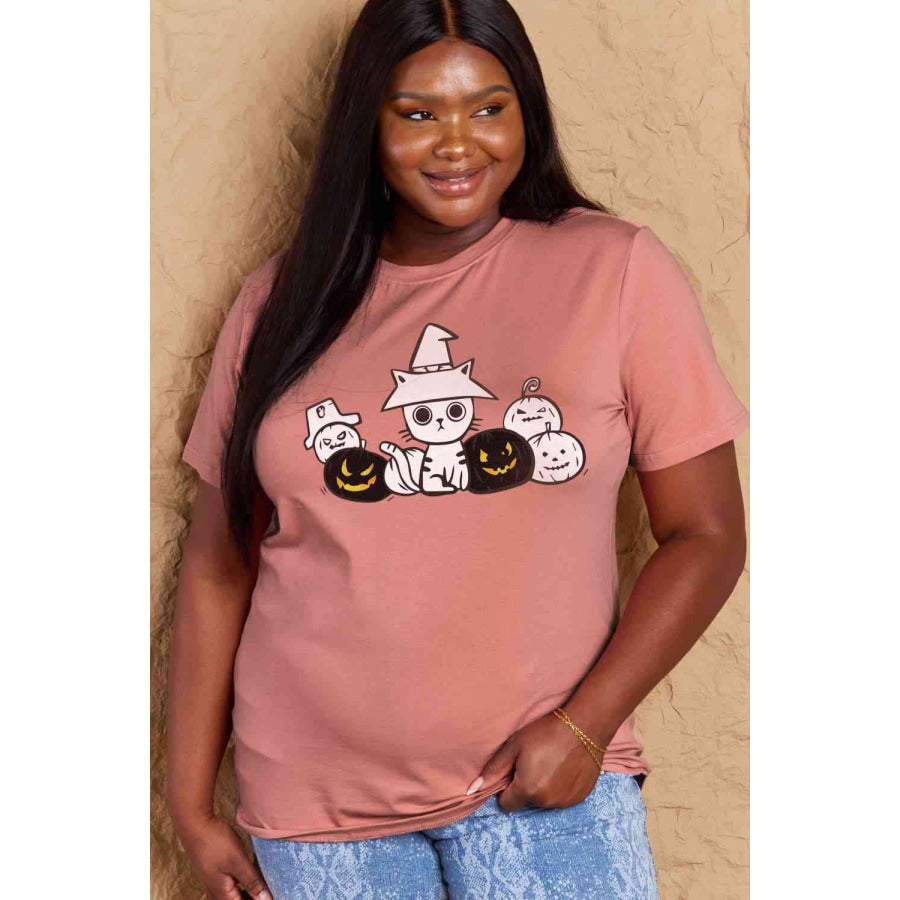 Simply Love Full Size Cat & Pumpkin Graphic Cotton T-Shirt Apparel and Accessories